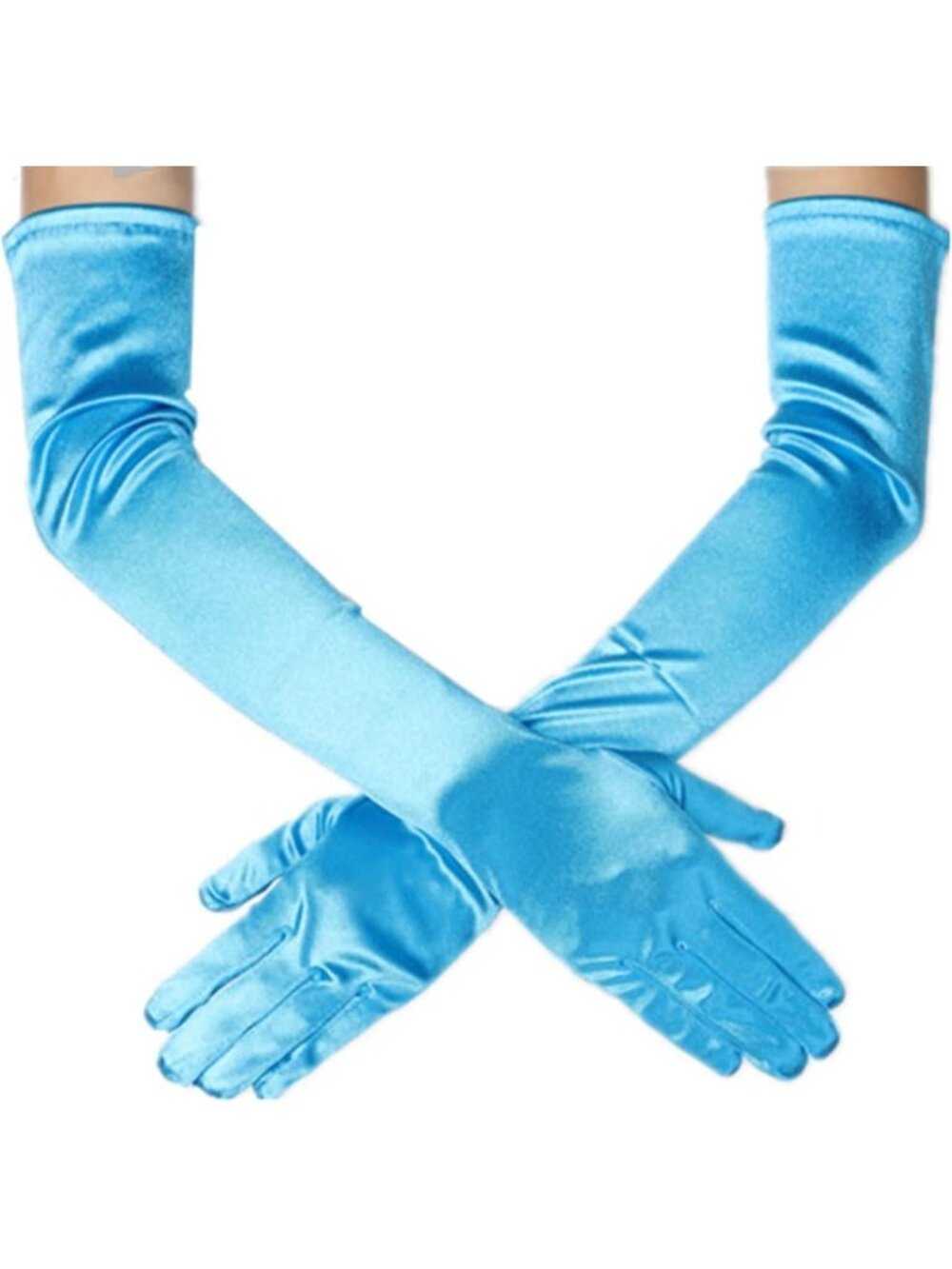 Women Light Blue Elegant Length Satin Finger Long Vintage Satin Opera Gloves